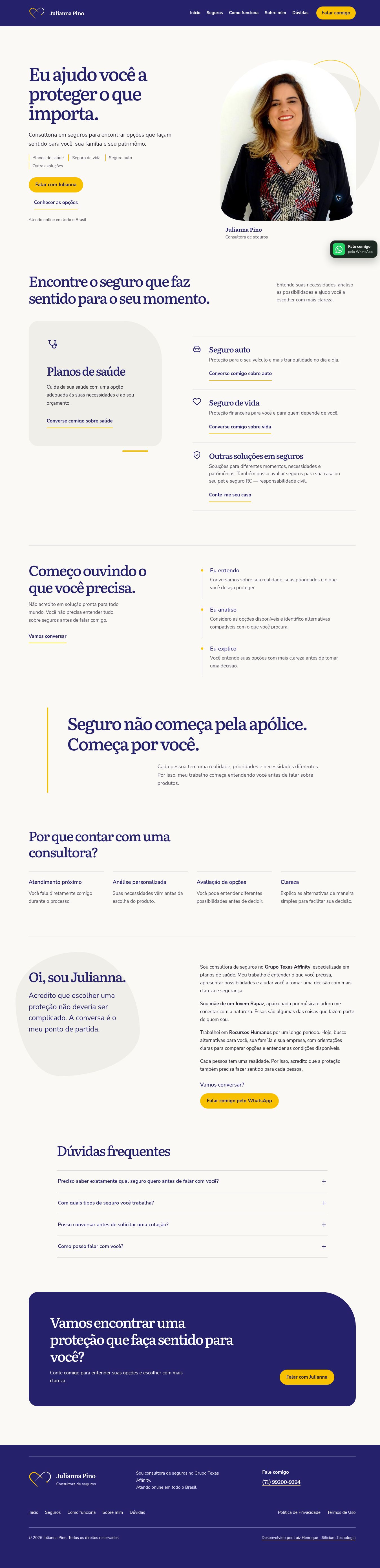 Página completa do site da consultora de seguros Julianna Pino