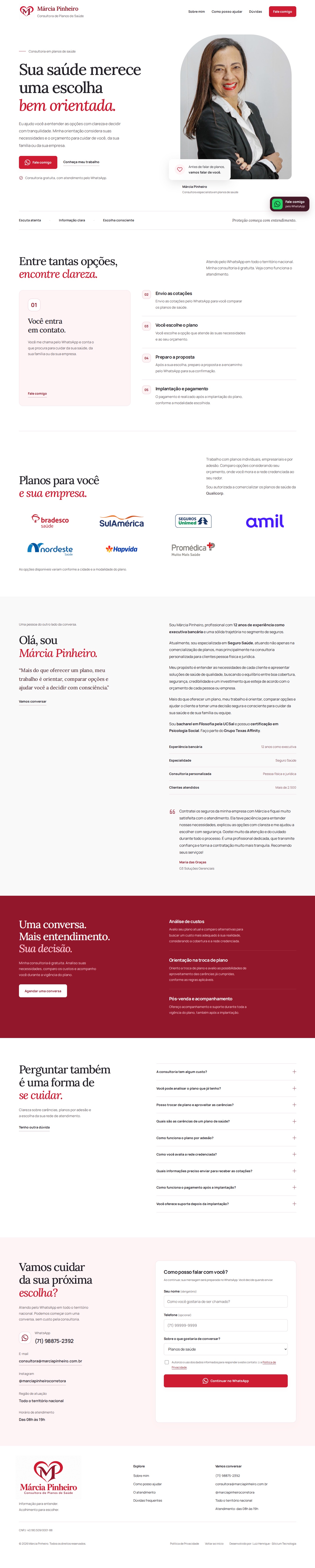 Página completa do site da consultora de planos de saúde Márcia Pinheiro